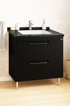 Mobilier Baie - Set Baza front MDF si Lavoar seria 833, cu sertare, montat, 80 cm, negru