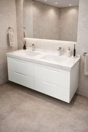 Baza cu Lavoar - Set Baza front MDF si Lavoar seria 833, suspendata, cu sertare, montat, 120 cm, alb rustic