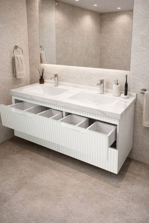 Baza cu Lavoar - Set Baza front MDF si Lavoar seria 833, suspendata, cu sertare, montat, 120 cm, alb rustic