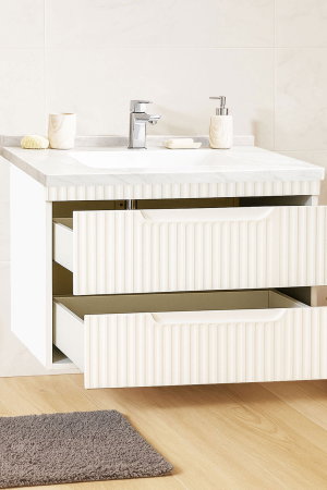 Mobilier Baie - Set Baza front MDF si Lavoar seria 833, suspendata, cu sertare, montat, 80 cm, alb rustic