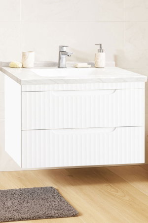 Mobilier Baie - Set Baza front MDF si Lavoar seria 833, suspendata, cu sertare, montat, 80 cm, alb rustic