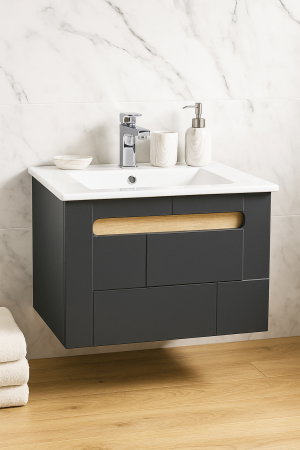 Set Baza front MDF si Lavoar seria 032, suspendata, cu sertar, montat, 60 cm, antracit + sonoma [0]