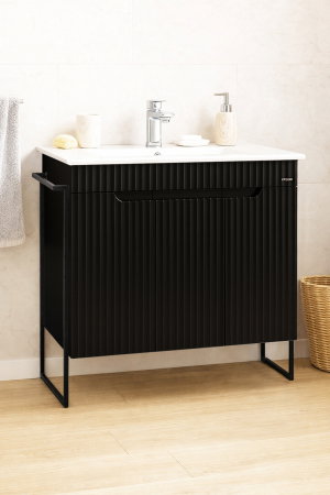 Baza cu Lavoar - Set Baza front MDF si Lavoar seria 033, cadru metalic, montata, 80 cm, negru