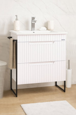 Baza cu Lavoar - Set Baza front MDF si Lavoar seria 033, cadru metalic, cu sertare, montata, 60 cm, alb rustic