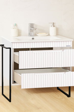 Produs în România - Set Baza front MDF si Lavoar seria 033, cadru metalic, cu sertare, montata, 80 cm, alb rustic