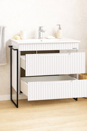 Baza cu Lavoar - Set Baza front MDF si Lavoar seria 033, cadru metalic, sertare, montata, 80 cm, alb rustic
