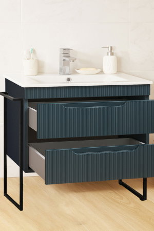 Mobilier Baie - Set Baza front MDF si Lavoar seria 033, cu sertare, cadru metalic, montat, 80 cm, antracit