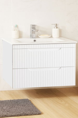 Mobilier Baie - Set Baza front MDF si Lavoar seria 033, suspendata, cu sertare, montat, 80 cm, alb rustic