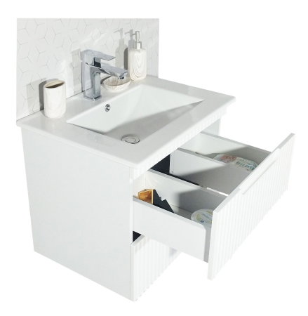 Mobilier Baie - Set Baza front MDF si Lavoar seria 033, suspendata, cu sertare, montat, 80 cm, alb rustic