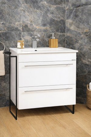 Baza cu Lavoar - Set Baza front MDF si Lavoar seria 054, cadru metalic, cu sertare, montata, 70 cm, alb