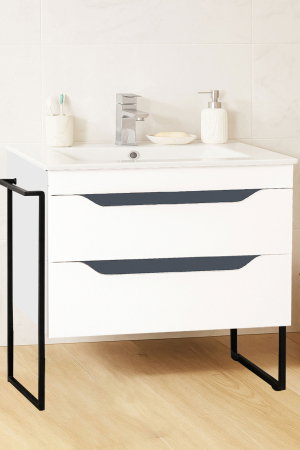 Mobilier Baie - Set Baza front MDF si Lavoar seria 056, cu sertare, cadru metalic, montat, 80 cm, alb + antracit