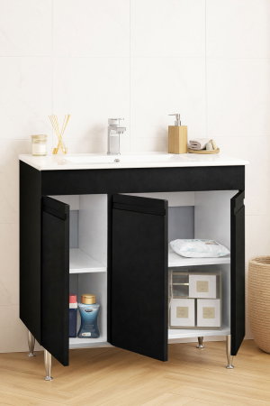 Produs în România - Set Baza front MDF si Lavoar seria 086, montata, 80 cm, negru