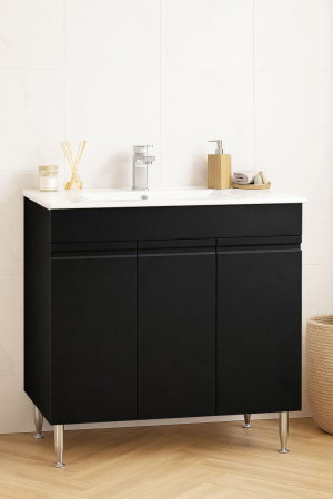 Produs în România - Set Baza front MDF si Lavoar seria 086, montata, 80 cm, negru
