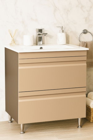 Mobilier Baie - Set Baza front MDF si Lavoar seria 086, cu sertare, montat, 70 cm, cappuccino