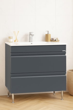 Baza cu Lavoar - Set Baza front MDF si Lavoar seria 086, cu sertare, montat, 80 cm, antracit