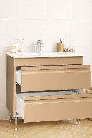 Baza cu Lavoar - Set Baza front MDF si Lavoar seria 086, cu sertare, montat, 80 cm, cappuccino