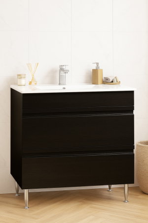 Mobilier Baie - Set Baza front MDF si Lavoar seria 086, cu sertare, montat, 80 cm, negru