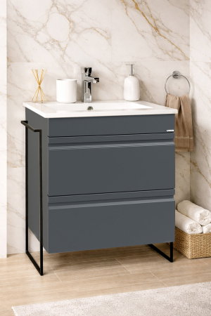 Baza cu Lavoar - Set Baza front MDF si Lavoar seria 086, cadru metalic, cu sertare, montata, 60 cm, antracit