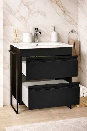 Baza cu Lavoar - Set Baza front MDF si Lavoar seria 086, cadru metalic, cu sertare, montata, 60 cm, negru