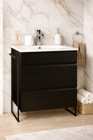 Baza cu Lavoar - Set Baza front MDF si Lavoar seria 086, cadru metalic, cu sertare, montata, 60 cm, negru