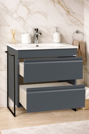 Baza cu Lavoar - Set Baza front MDF si Lavoar seria 086, cadru metalic, cu sertare, montata, 70 cm, antracit