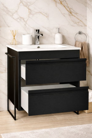 Baza cu Lavoar - Set Baza front MDF si Lavoar seria 086, cadru metalic, cu sertare, montata, 70 cm, negru