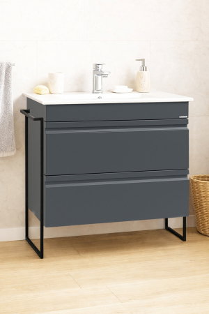 Baza cu Lavoar - Set Baza front MDF si Lavoar seria 086, cadru metalic, cu sertare, montata, 80 cm, antracit