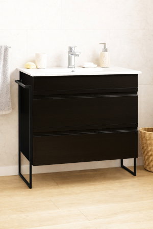 Baza cu Lavoar - Set Baza front MDF si Lavoar seria 086, cadru metalic, cu sertare, montata, 80 cm, negru