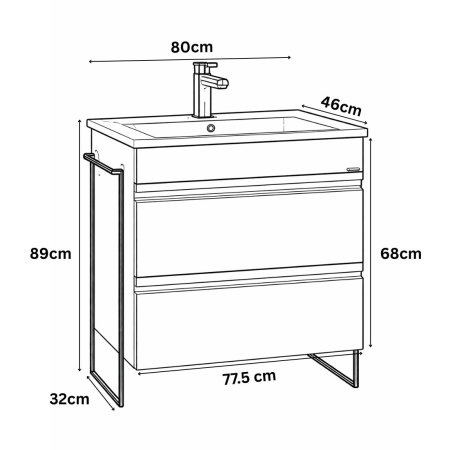 Baza cu Lavoar - Set Baza front MDF si Lavoar seria 086, cadru metalic, cu sertare, montata, 80 cm, negru
