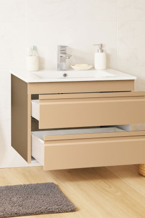Produs în România - Set Baza front MDF si Lavoar seria 086, suspendata, cu sertare, montata, 70 cm, cappuccino