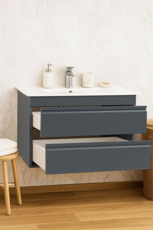 Mobilier Baie - Set Baza front MDF si Lavoar seria 086, suspendata, cu sertare, montat, 80 cm, antracit