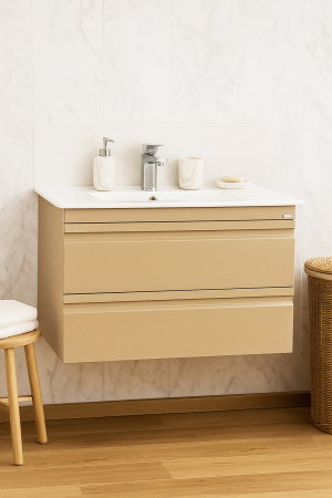 Mobilier Baie - Set Baza front MDF si Lavoar seria 086, suspendata, cu sertare, montat, 80 cm, cappuccino
