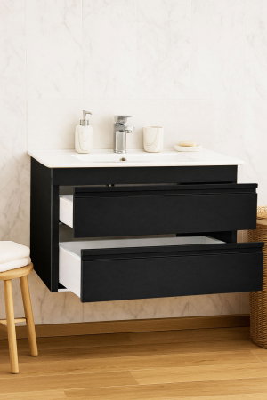 Mobilier Baie - Set Baza front MDF si Lavoar seria 086, suspendata, cu sertare, montat, 80 cm, negru