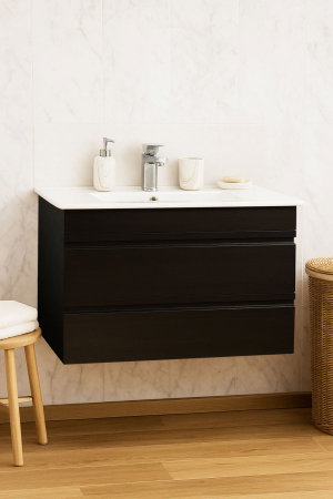 Mobilier Baie - Set Baza front MDF si Lavoar seria 086, suspendata, cu sertare, montat, 80 cm, negru