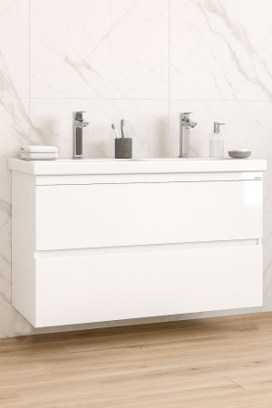 Baza cu Lavoar - Set Baza front MDF si Lavoar seria 286, cu sertare, cadru metalic, montat, 120 cm, alb