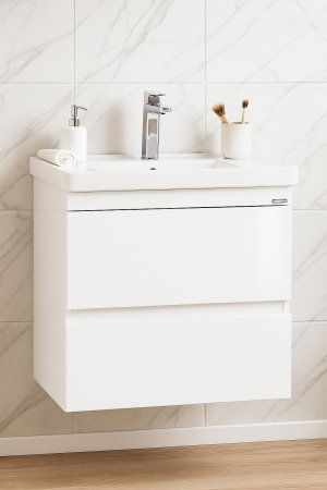 Mobilier Baie - Set Baza front MDF si Lavoar seria 286, cu sertare, cadru metalic, montat, 60 cm, alb