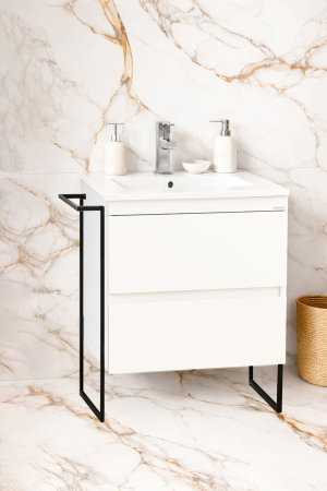 Mobilier Baie - Set Baza front MDF si Lavoar seria 386, cu sertare, cadru metalic, montat, 60 cm, alb