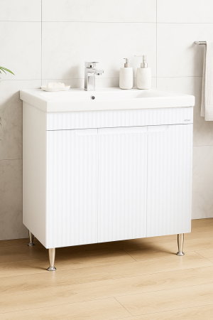 Mobilier Baie - Set Baza front MDF si Lavoar seria 733, montat, 80 cm, alb rustic