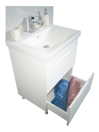 Mobilier Baie - Set Baza front MDF si Lavoar seria 733, cu sertare, montat, 60 cm, alb rustic