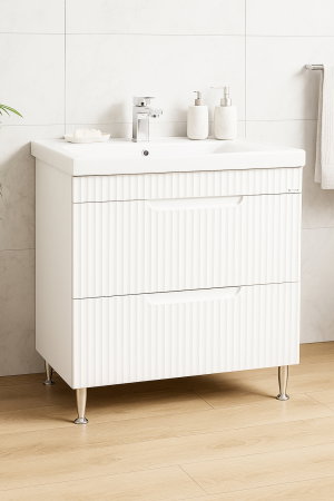 Mobilier Baie - Set Baza front MDF si Lavoar seria 733, cu sertare, montat, 80 cm, alb rustic