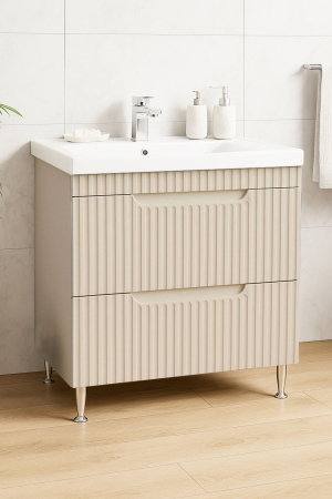 Mobilier Baie - Set Baza front MDF si Lavoar seria 733, cu sertare, montat, 80 cm, crem