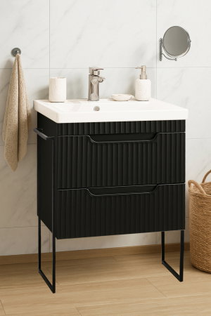 Mobilier Baie - Set Baza front MDF si Lavoar seria 733, cadru metalic, sertare, montata, 60 cm, negru