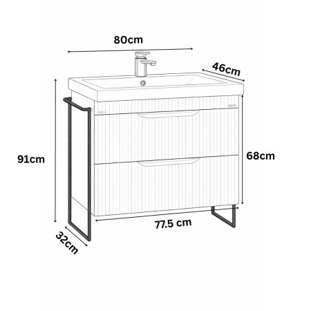 Baza cu Lavoar - Set Baza front MDF si Lavoar seria 733, cadru metalic, cu sertare, montata, 80 cm, alb rustic