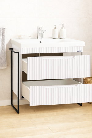 Baza cu Lavoar - Set Baza front MDF si Lavoar seria 733, cadru metalic, cu sertare, montata, 80 cm, alb rustic