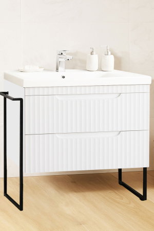 Mobilier Baie - Set Baza front MDF si Lavoar seria 733, cadru metalic, sertare, montata, 80 cm, alb rustic