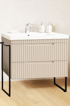 Mobilier Baie - Set Baza front MDF si Lavoar seria 733, cadru metalic, sertare, montata, 80 cm, crem