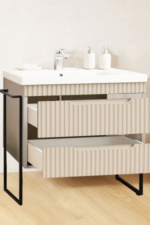 Mobilier Baie - Set Baza front MDF si Lavoar seria 733, cadru metalic, sertare, montata, 80 cm, crem