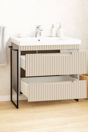 Mobilier Baie - Set Baza front MDF si Lavoar seria 733, cadru metalic, cu sertare, montata, 80 cm, crem