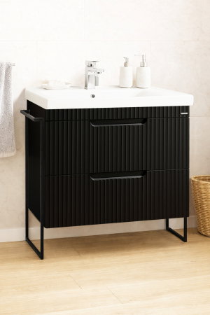 Mobilier Baie - Set Baza front MDF si Lavoar seria 733, cadru metalic, cu sertare, montata, 80 cm, negru
