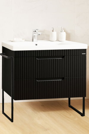 Mobilier Baie - Set Baza front MDF si Lavoar seria 733, cadru metalic, sertare, montata, 80 cm, negru
